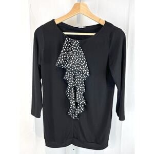 ANDRIA LIEU COLLECTION  M 3/4 Sleeve Polka Dot Ruffle Top Blouse Shirt Black USA